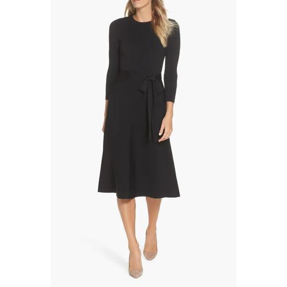 Eliza J Womens Fit & Flare Sweater Dress XL Black Tie Waist 3/4 Sleeve Midi NWT - Picture 1 of 10